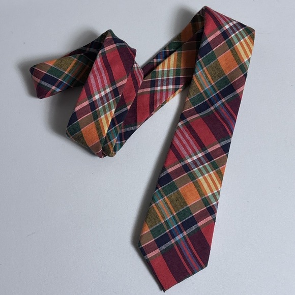 Vintage Chaps Tie Mens Skinny Pink Orange Plaid Tartan Preppy Classic Ivy Campus - Picture 1 of 11